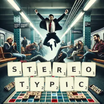Creative illustration for a Scrabble game with the word STEREOTYPIC spelled out in tiles on the board.