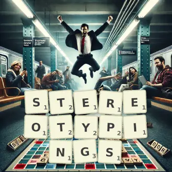 Creative illustration for a Scrabble game with the word STEREOTYPINGS spelled out in tiles on the board.