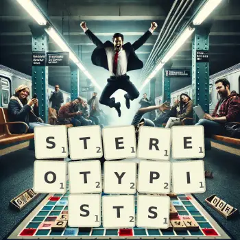 Creative illustration for a Scrabble game with the word STEREOTYPISTS spelled out in tiles on the board.