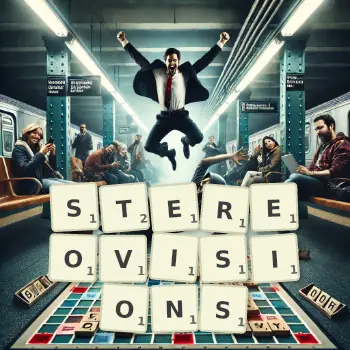 Creative illustration for a Scrabble game with the word STEREOVISIONS spelled out in tiles on the board.