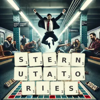 Creative illustration for a Scrabble game with the word STERNUTATORIES spelled out in tiles on the board.