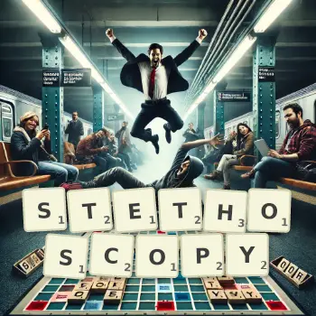 Creative illustration for a Scrabble game with the word STETHOSCOPY spelled out in tiles on the board.