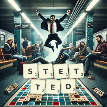 Creative illustration for a Scrabble game with the word STETTED spelled out in tiles on the board.