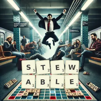 Creative illustration for a Scrabble game with the word STEWABLE spelled out in tiles on the board.