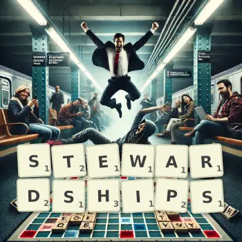 Creative illustration for a Scrabble game with the word STEWARDSHIPS spelled out in tiles on the board.