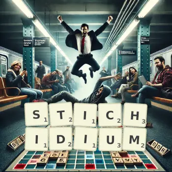 Creative illustration for a Scrabble game with the word STICHIDIUM spelled out in tiles on the board.