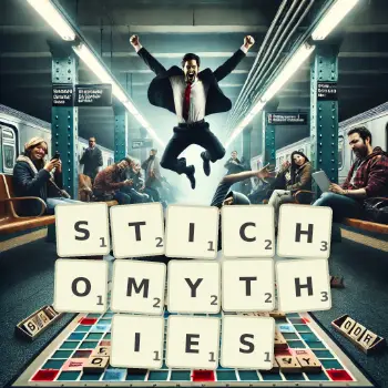 Creative illustration for a Scrabble game with the word STICHOMYTHIES spelled out in tiles on the board.