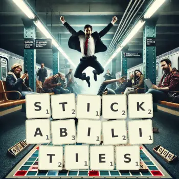 Creative illustration for a Scrabble game with the word STICKABILITIES spelled out in tiles on the board.