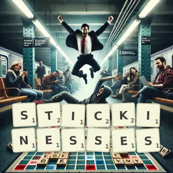 Creative illustration for a Scrabble game with the word STICKINESSES spelled out in tiles on the board.