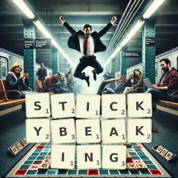 Creative illustration for a Scrabble game with the word STICKYBEAKING spelled out in tiles on the board.