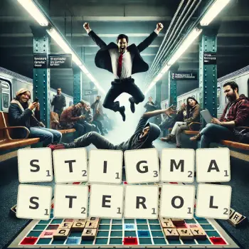 Creative illustration for a Scrabble game with the word STIGMASTEROL spelled out in tiles on the board.