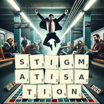 Creative illustration for a Scrabble game with the word STIGMATISATION spelled out in tiles on the board.