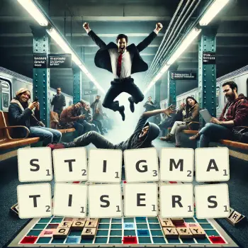 Creative illustration for a Scrabble game with the word STIGMATISERS spelled out in tiles on the board.