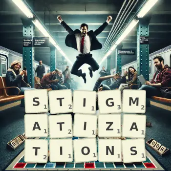 Creative illustration for a Scrabble game with the word STIGMATIZATIONS spelled out in tiles on the board.