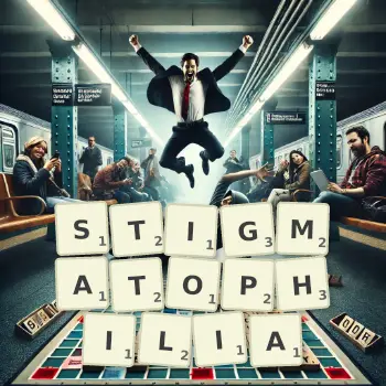 Creative illustration for a Scrabble game with the word STIGMATOPHILIA spelled out in tiles on the board.
