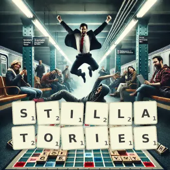 Creative illustration for a Scrabble game with the word STILLATORIES spelled out in tiles on the board.