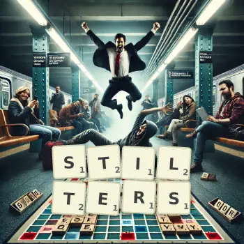 Creative illustration for a Scrabble game with the word STILTERS spelled out in tiles on the board.