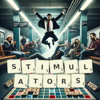 Creative illustration for a Scrabble game with the word STIMULATORS spelled out in tiles on the board.