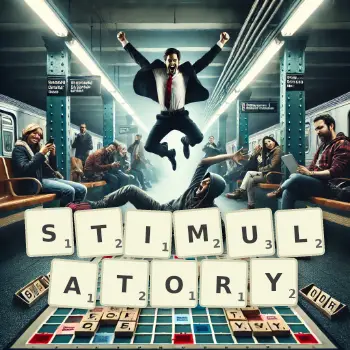 Creative illustration for a Scrabble game with the word STIMULATORY spelled out in tiles on the board.