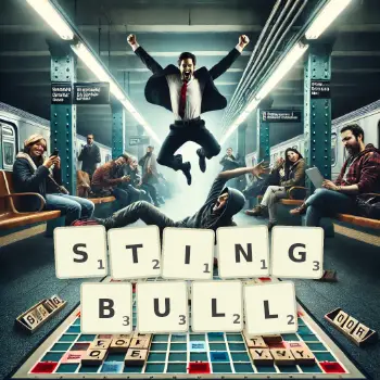 Creative illustration for a Scrabble game with the word STINGBULL spelled out in tiles on the board.