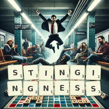 Creative illustration for a Scrabble game with the word STINGINGNESS spelled out in tiles on the board.