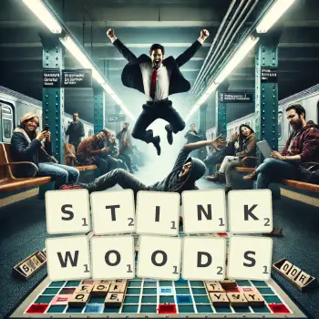 Creative illustration for a Scrabble game with the word STINKWOODS spelled out in tiles on the board.