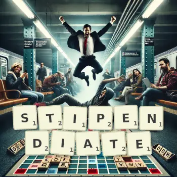 Creative illustration for a Scrabble game with the word STIPENDIATE spelled out in tiles on the board.