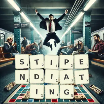 Creative illustration for a Scrabble game with the word STIPENDIATING spelled out in tiles on the board.