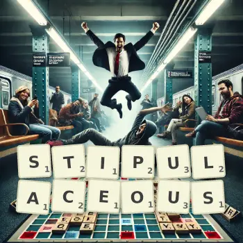 Creative illustration for a Scrabble game with the word STIPULACEOUS spelled out in tiles on the board.