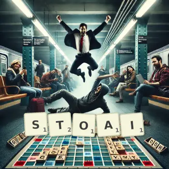 Creative illustration for a Scrabble game with the word STOAI spelled out in tiles on the board.