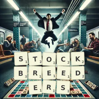 Creative illustration for a Scrabble game with the word STOCKBREEDERS spelled out in tiles on the board.