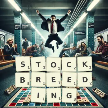 Creative illustration for a Scrabble game with the word STOCKBREEDING spelled out in tiles on the board.