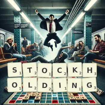 Creative illustration for a Scrabble game with the word STOCKHOLDING spelled out in tiles on the board.