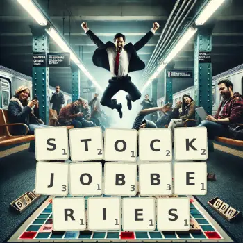 Creative illustration for a Scrabble game with the word STOCKJOBBERIES spelled out in tiles on the board.