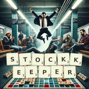 Creative illustration for a Scrabble game with the word STOCKKEEPER spelled out in tiles on the board.