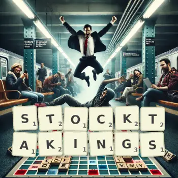 Creative illustration for a Scrabble game with the word STOCKTAKINGS spelled out in tiles on the board.