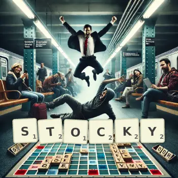 Creative illustration for a Scrabble game with the word STOCKY spelled out in tiles on the board.
