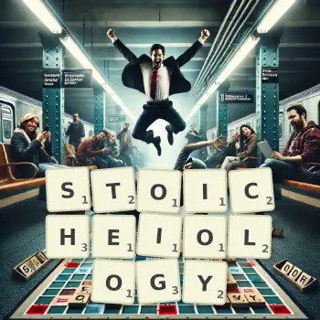 Creative illustration for a Scrabble game with the word STOICHEIOLOGY spelled out in tiles on the board.