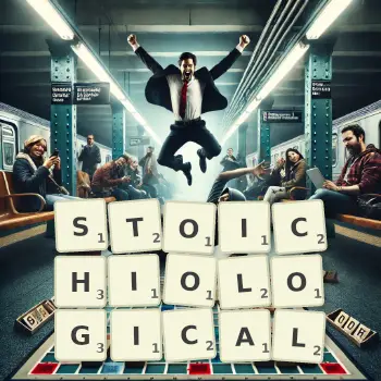Creative illustration for a Scrabble game with the word STOICHIOLOGICAL spelled out in tiles on the board.