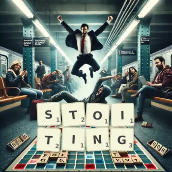 Creative illustration for a Scrabble game with the word STOITING spelled out in tiles on the board.