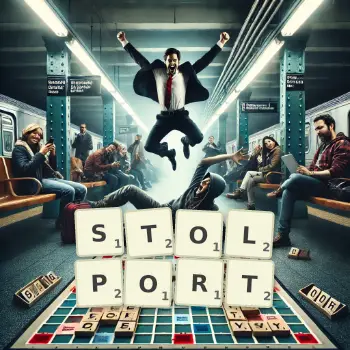 Creative illustration for a Scrabble game with the word STOLPORT spelled out in tiles on the board.