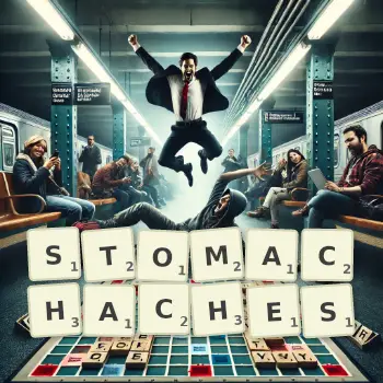 Creative illustration for a Scrabble game with the word STOMACHACHES spelled out in tiles on the board.