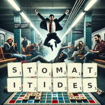 Creative illustration for a Scrabble game with the word STOMATITIDES spelled out in tiles on the board.