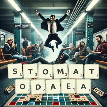 Creative illustration for a Scrabble game with the word STOMATODAEA spelled out in tiles on the board.