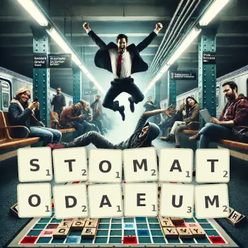 Creative illustration for a Scrabble game with the word STOMATODAEUM spelled out in tiles on the board.