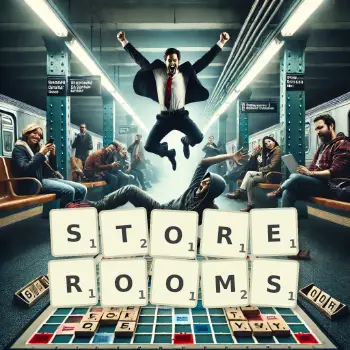 Creative illustration for a Scrabble game with the word STOREROOMS spelled out in tiles on the board.