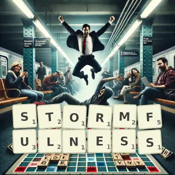 Creative illustration for a Scrabble game with the word STORMFULNESS spelled out in tiles on the board.