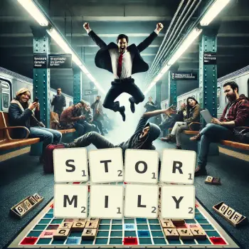 Creative illustration for a Scrabble game with the word STORMILY spelled out in tiles on the board.