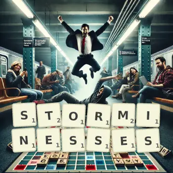 Creative illustration for a Scrabble game with the word STORMINESSES spelled out in tiles on the board.
