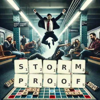Creative illustration for a Scrabble game with the word STORMPROOF spelled out in tiles on the board.